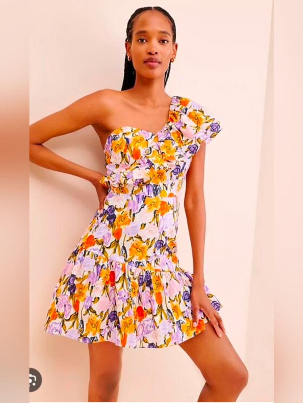 Adelyn Rae One-Shoulder Floral Dress in Orange, Purple & White